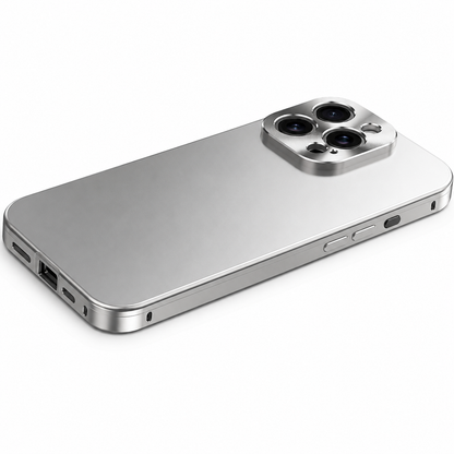 A pale gray-silver case lies diagonally on white, showing a matte back, shiny flat sides and separate side buttons.