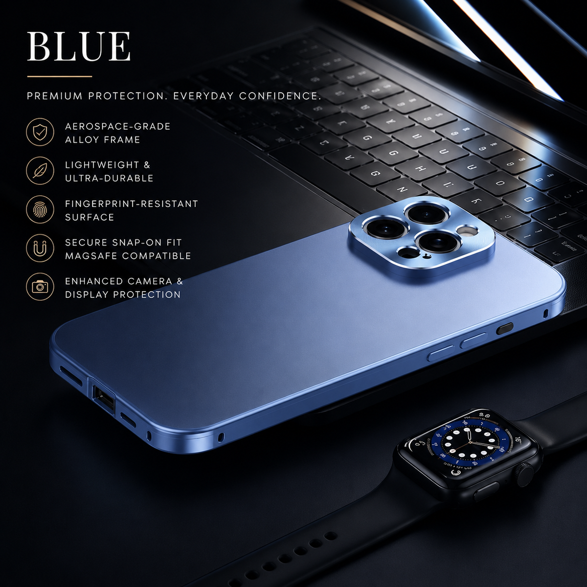 A blue case rests beside a black laptop and wristwatch on a dark desk. Text labels the color Blue and advertises an alloy frame, fingerprint resistance and magnetic compatibility.