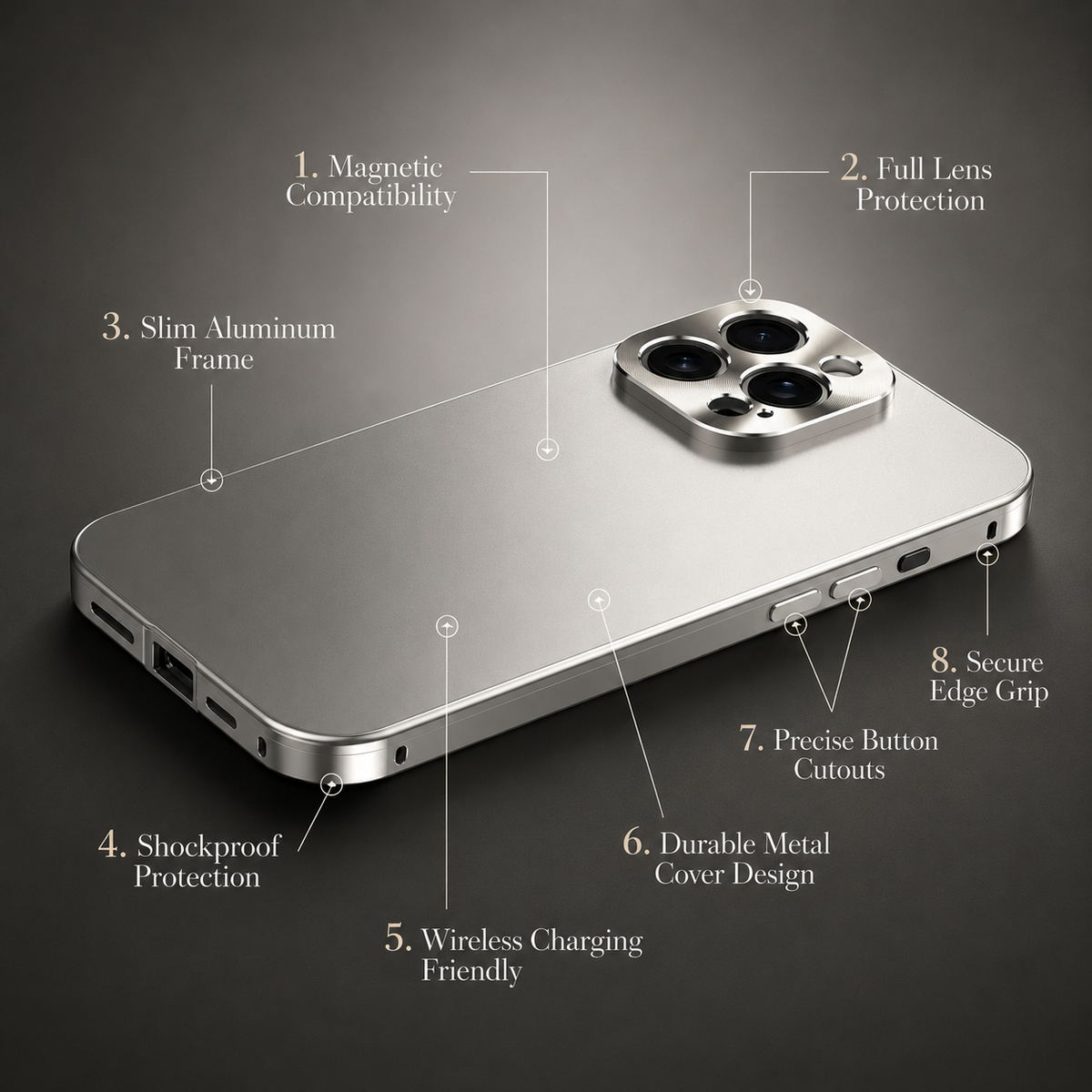 A silver case appears in an annotated feature diagram. Labels point to magnetic compatibility, lens protection, a slim frame, shock protection, wireless charging, button cutouts and edge grip.