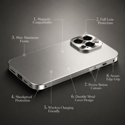 A silver case appears in an annotated feature diagram. Labels point to magnetic compatibility, lens protection, a slim frame, shock protection, wireless charging, button cutouts and edge grip.