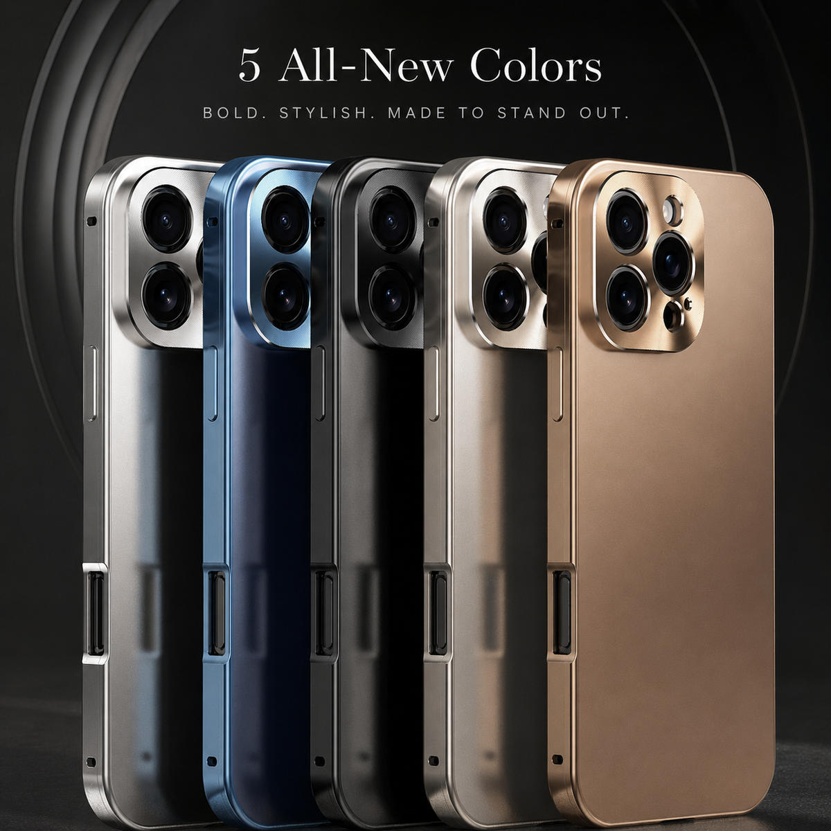 Five cases in silver, blue, black, pale gray and gold stand closely in a row, showing their side frames and raised camera panels.