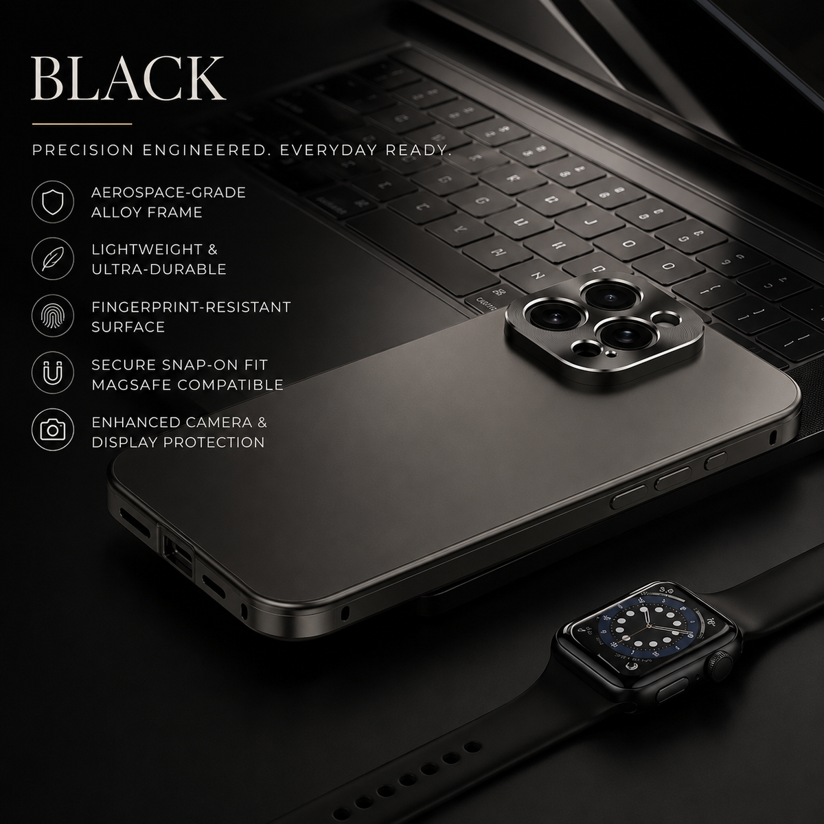 A black case rests beside a laptop and wristwatch. The color label Black appears above promotional text about its alloy frame, fingerprint resistance and magnetic compatibility.