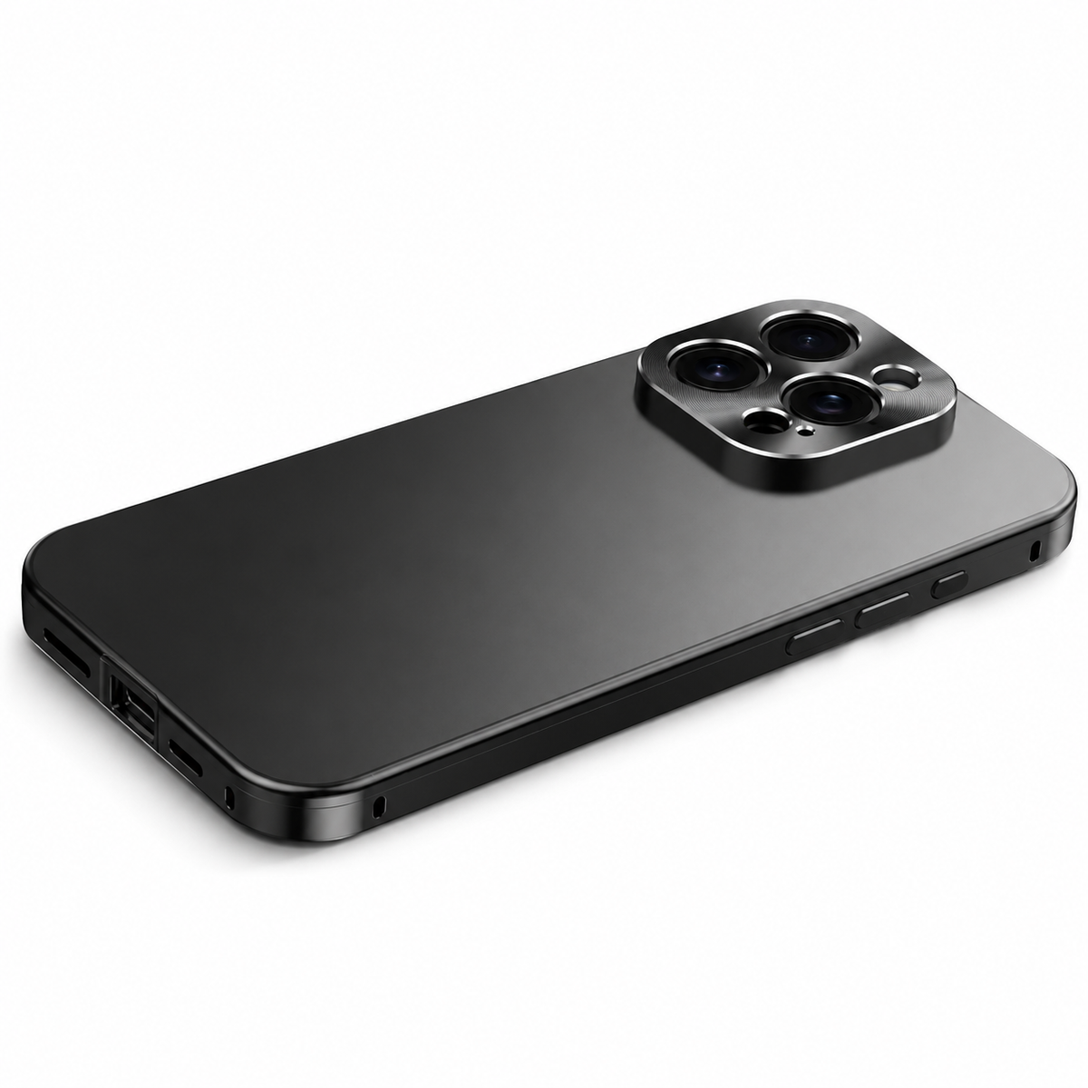 A black case lies diagonally on white with a smooth matte back, polished flat sides and a raised rounded-square camera panel surrounding three lenses.