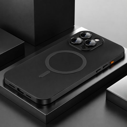 A black magnetic-ring case lies on stepped dark platforms, showing its matte back, raised camera rings, side buttons and bottom openings.