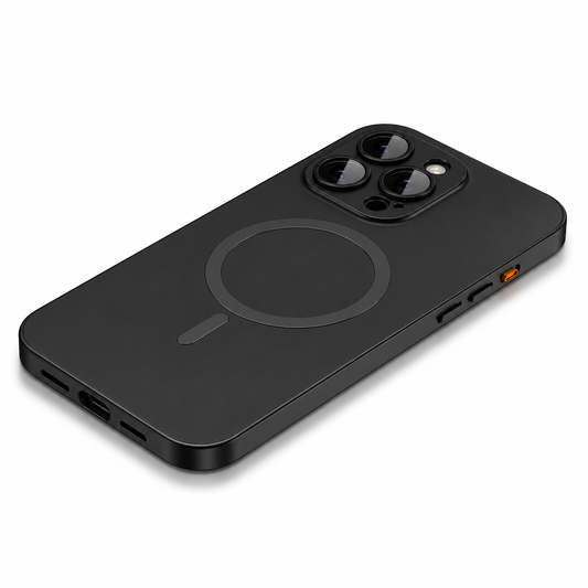A black case lies diagonally on white, with a smooth matte back, gray magnetic ring and short bar. Raised circular camera borders and flat shiny sides frame the phone.
