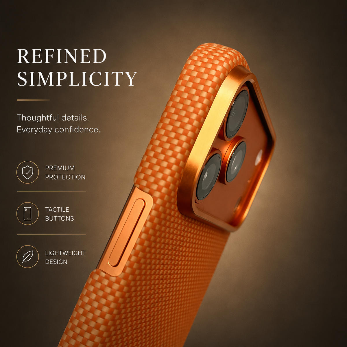 Close side view of an orange woven case enlarges a covered button, camera lip and textured rim. Text reads Refined Simplicity, with protection, control and weight labels.