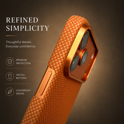 Close side view of an orange woven case enlarges a covered button, camera lip and textured rim. Text reads Refined Simplicity, with protection, control and weight labels.