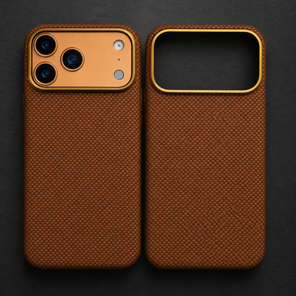 An orange phone case and empty matching shell stand side by side against dark gray. One shows the broad three-lens camera panel; the other exposes its rectangular opening.