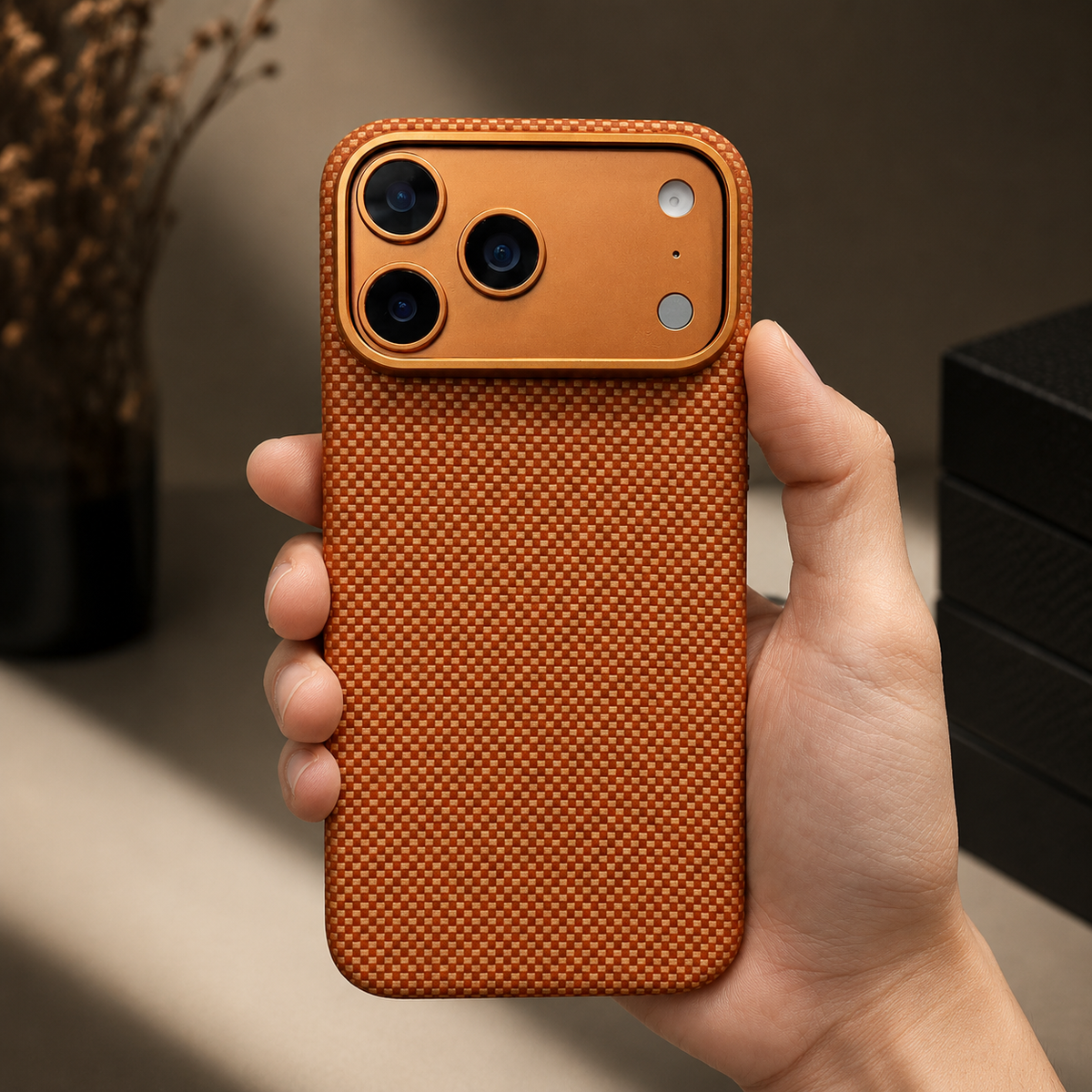 A hand holds a burnt-orange woven case upright in warm indoor light. The broad camera panel and textured orange-white weave face the viewer.
