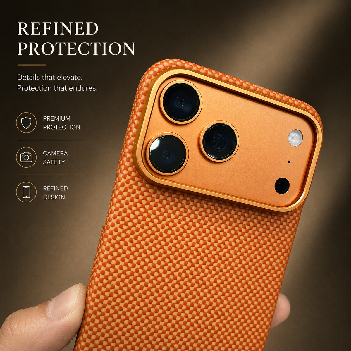 Close angled rear view of an orange woven case highlights its gold-rimmed camera panel and three dark lenses. Text reads Refined Protection, with camera-safety and design labels.