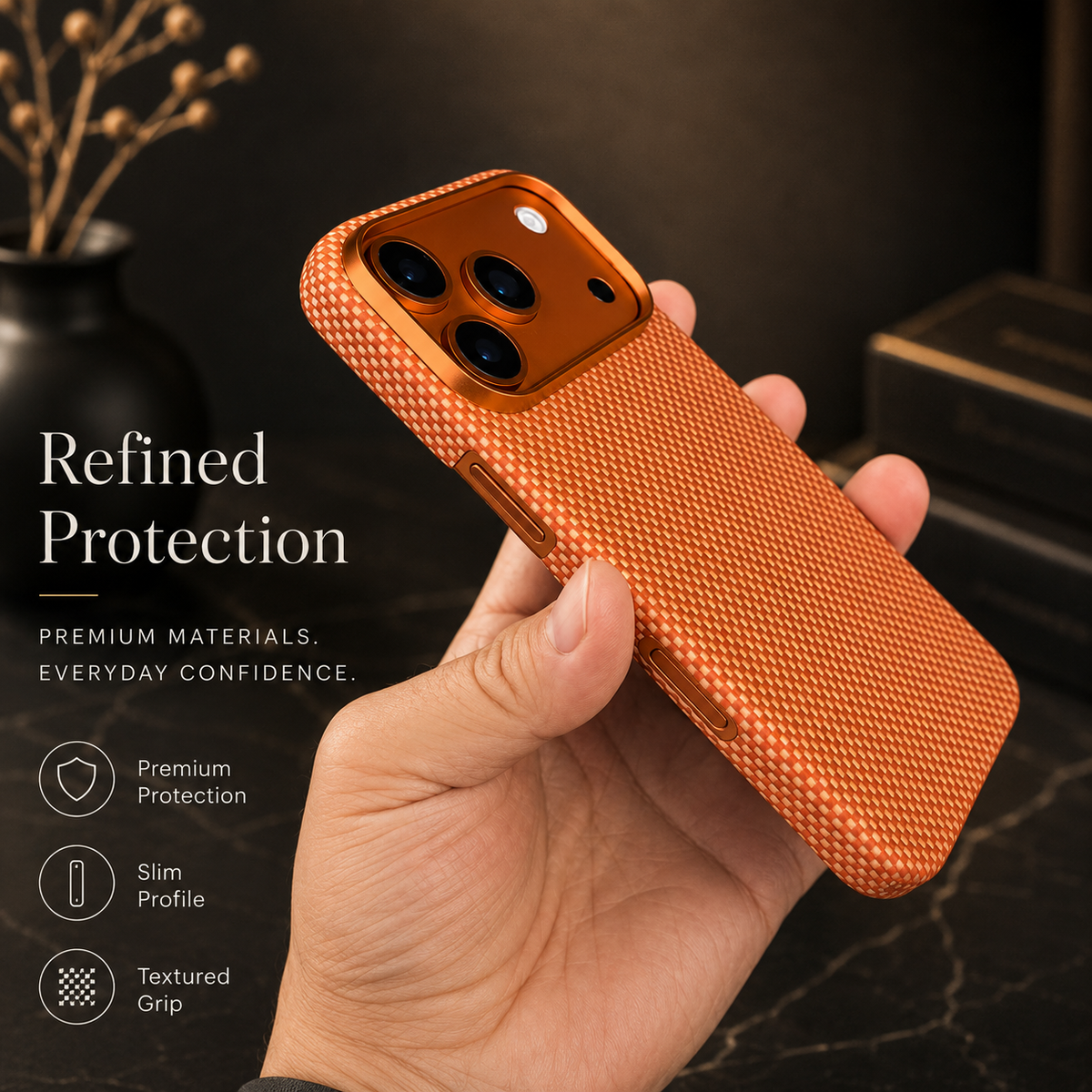 A hand tilts an orange woven case to show its patterned back, camera panel and narrow side profile. Text reads Refined Protection.
