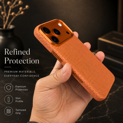 A hand tilts an orange woven case to show its patterned back, camera panel and narrow side profile. Text reads Refined Protection.