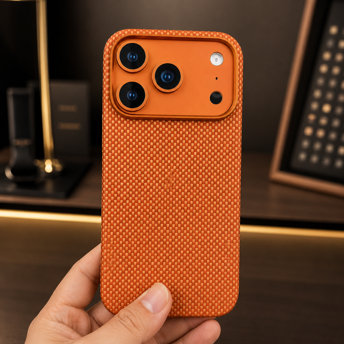 A hand holds an orange woven case upright near dark decorative shelves and framed objects. Warm light highlights the broad camera panel and dense interlaced texture.