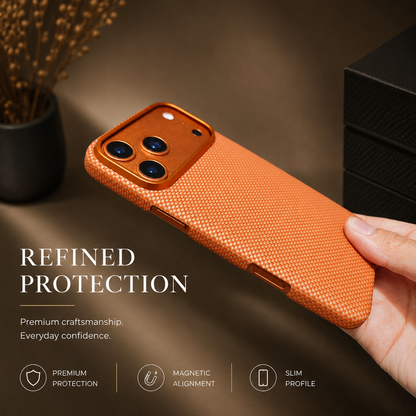 A hand holds an orange woven case nearly horizontal, emphasizing its thin side, covered buttons and raised camera border. Text reads Refined Protection.