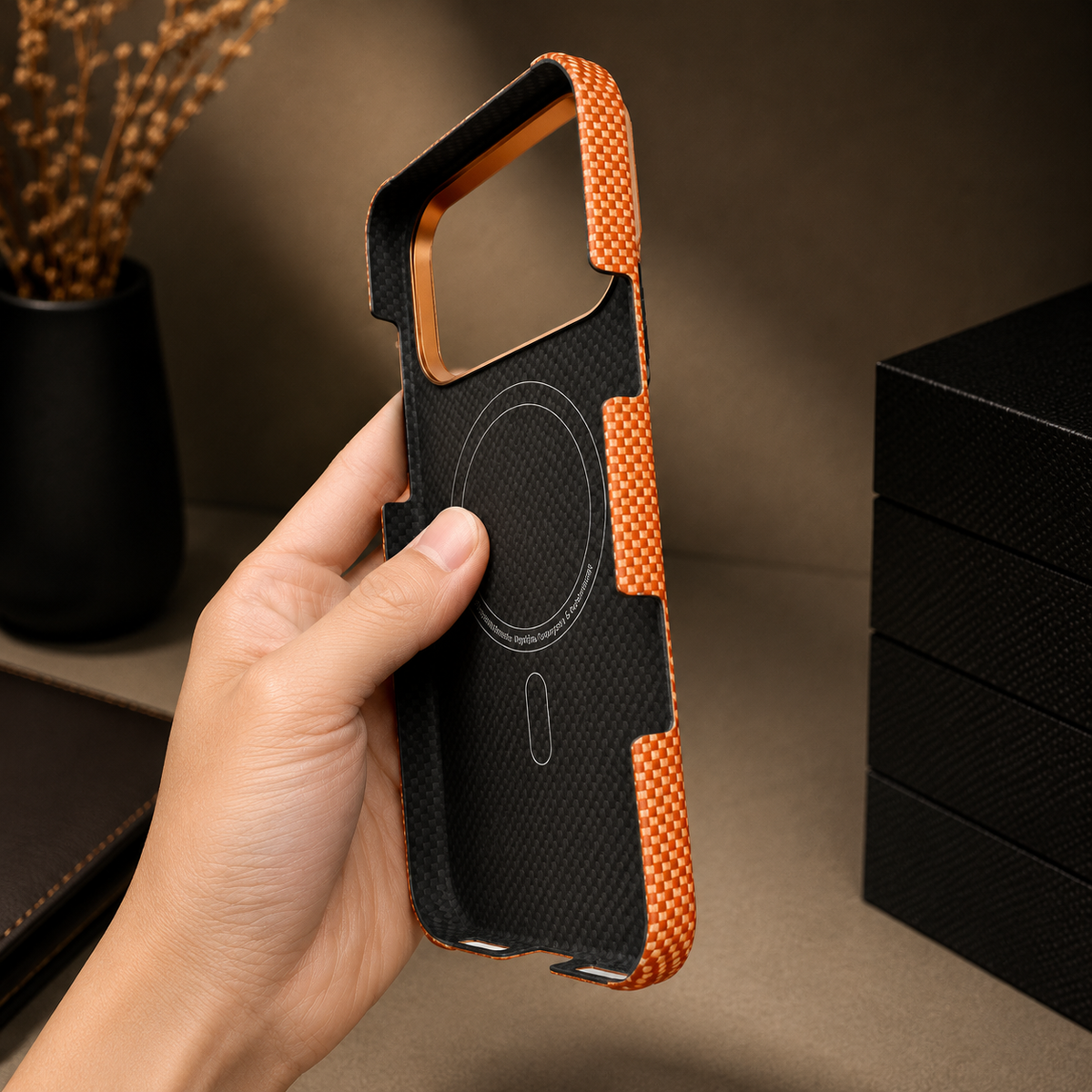 A hand holds an empty orange case from the side, revealing a black woven interior with circular magnetic marking and a broad open camera cutout.