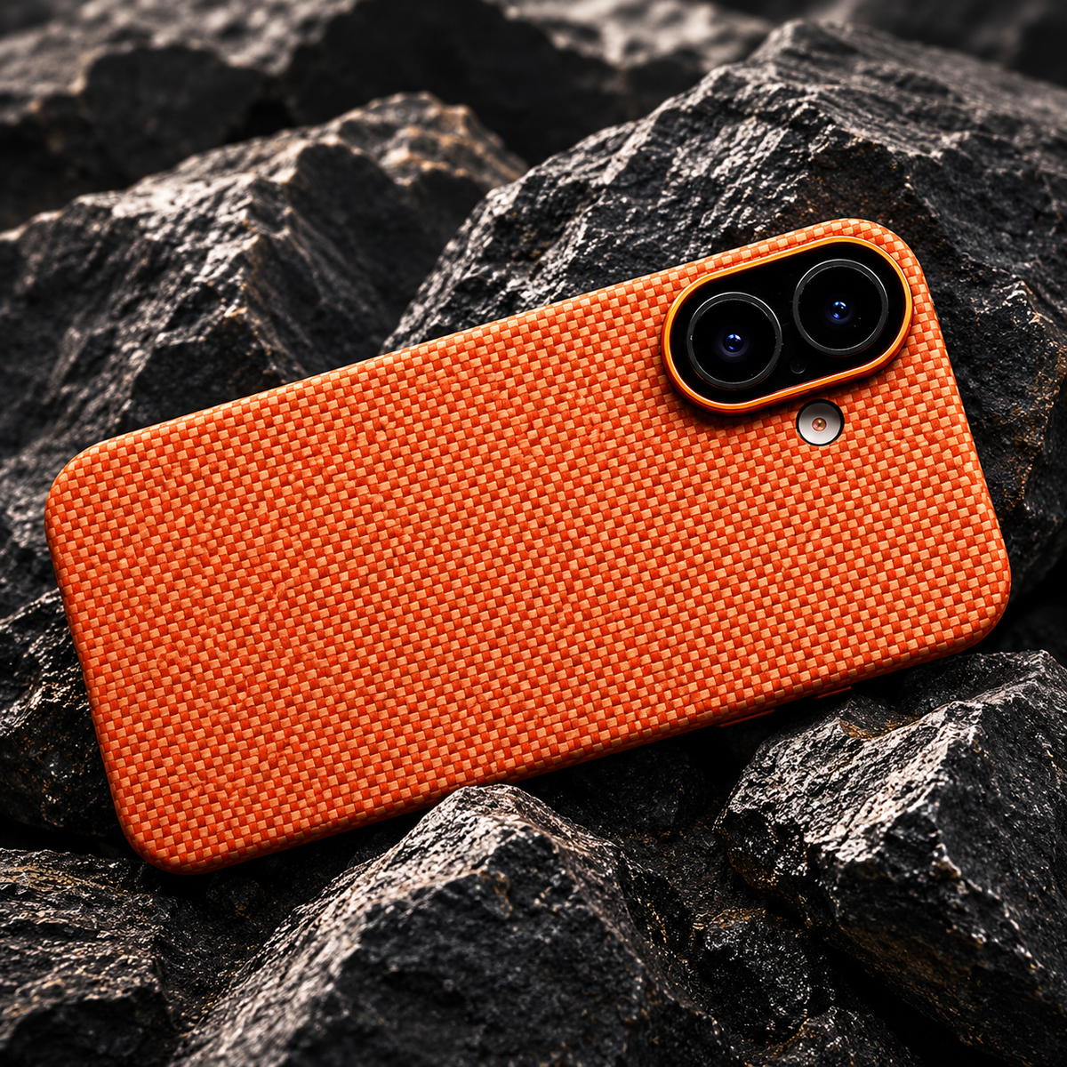 An orange woven case with a narrow two-lens camera opening lies horizontally among dark rocks. Raised black borders outline the two camera circles.