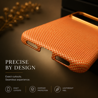 Close bottom view enlarges the orange woven rim, charging opening and speaker holes. Text reads Precise by Design, with cutout, protection and weight labels.