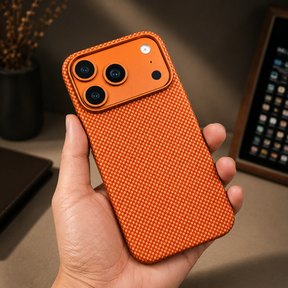 A hand holds a bright orange woven case upright in warm light near a dark vase. Three black camera lenses sit in its broad orange panel.