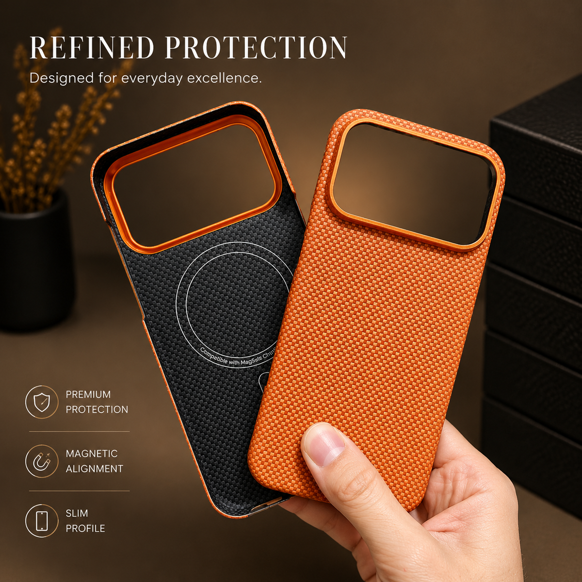 A hand holds two empty orange cases, showing one patterned exterior and one black interior with a magnetic circle. Text reads Refined Protection, beside alignment and profile labels.