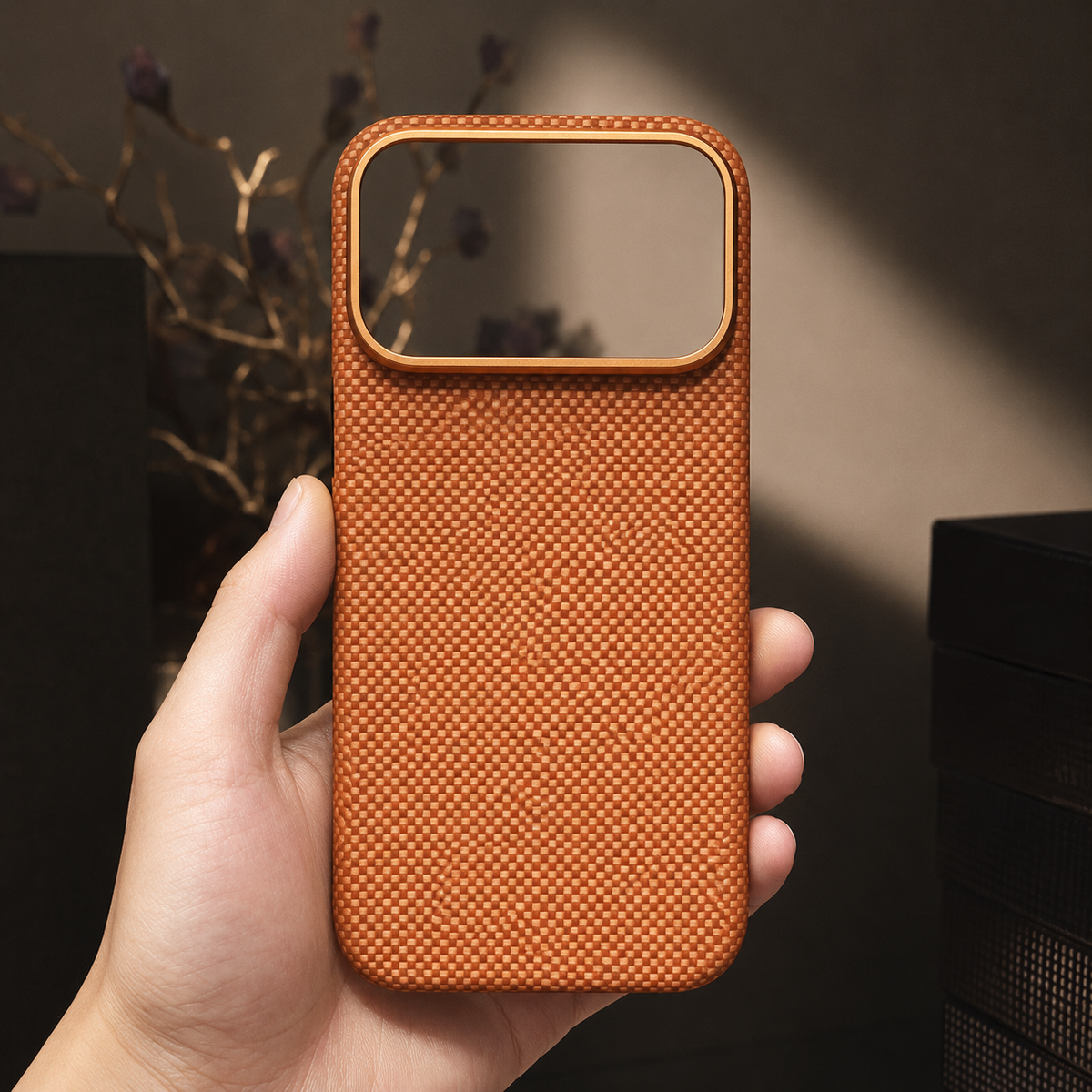 A hand holds an empty orange woven case upright, its broad gold-rimmed camera opening framing part of the warm room behind it.