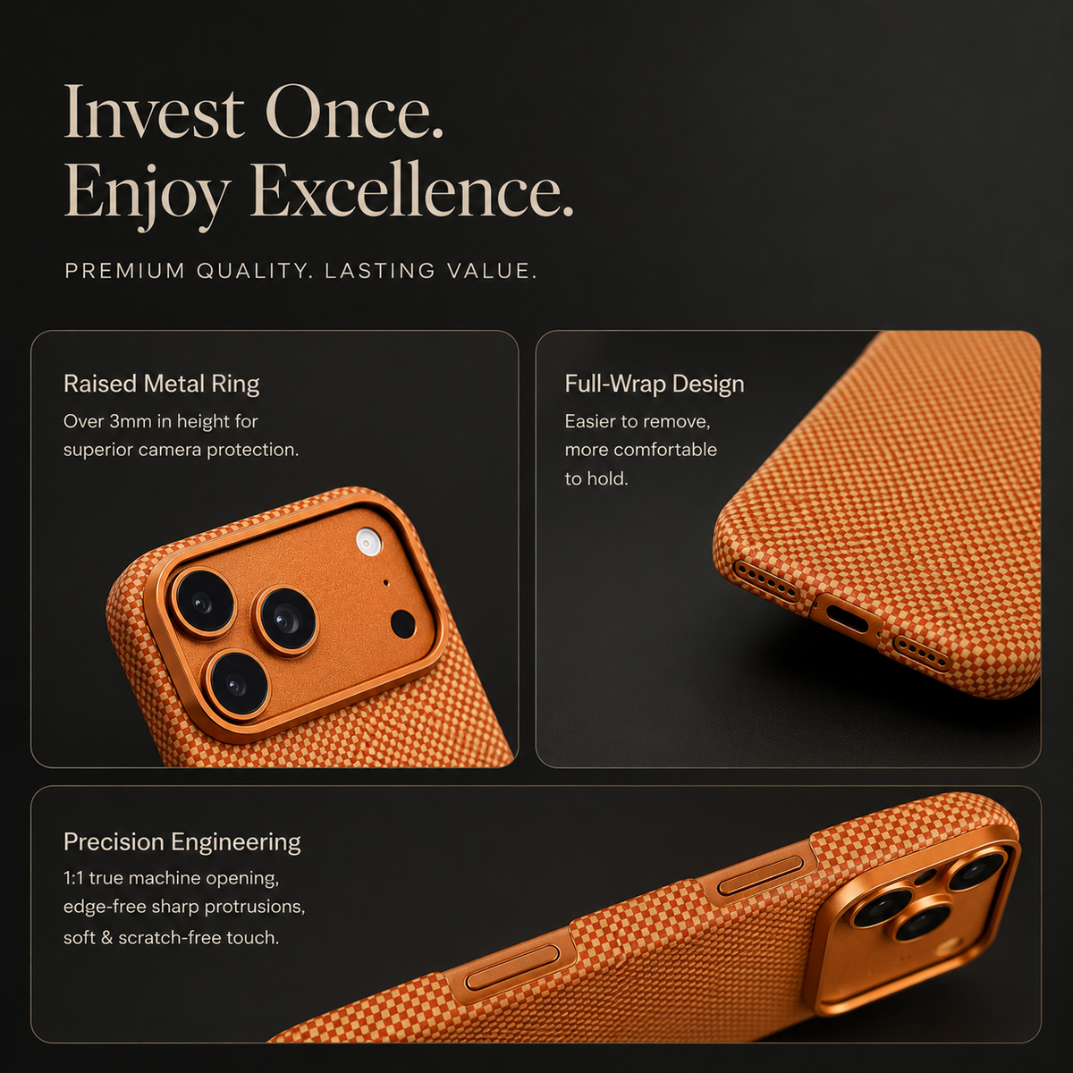 A three-panel feature graphic enlarges the gold camera border, woven corner coverage and side cutouts of an orange case. Text reads Invest Once. Enjoy Excellence.