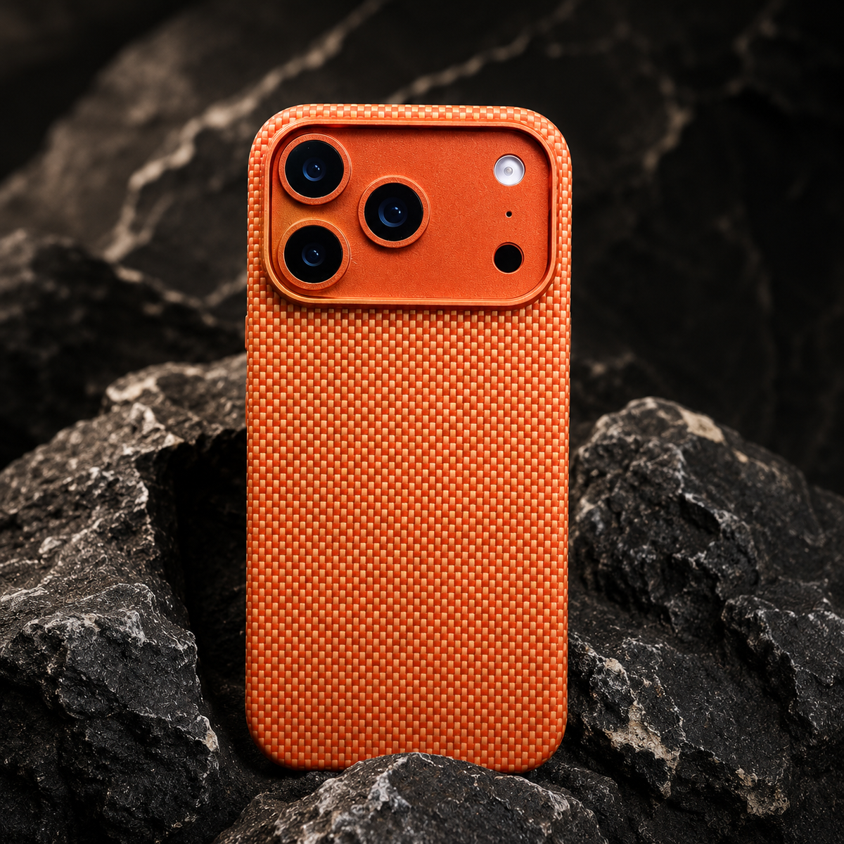 A bright orange woven case stands among rough dark rocks. Its broad orange camera panel has three black lenses and a gold-colored raised border.