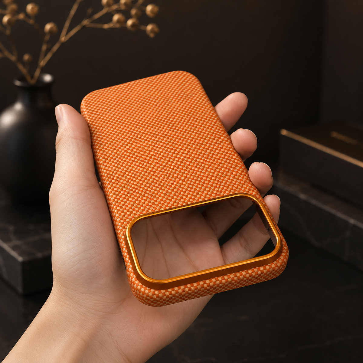 A hand holds an empty orange woven case with its large rectangular camera opening toward the lower edge. A gold-orange rim outlines the opening, while the warm dark background includes a vase and display boxes.