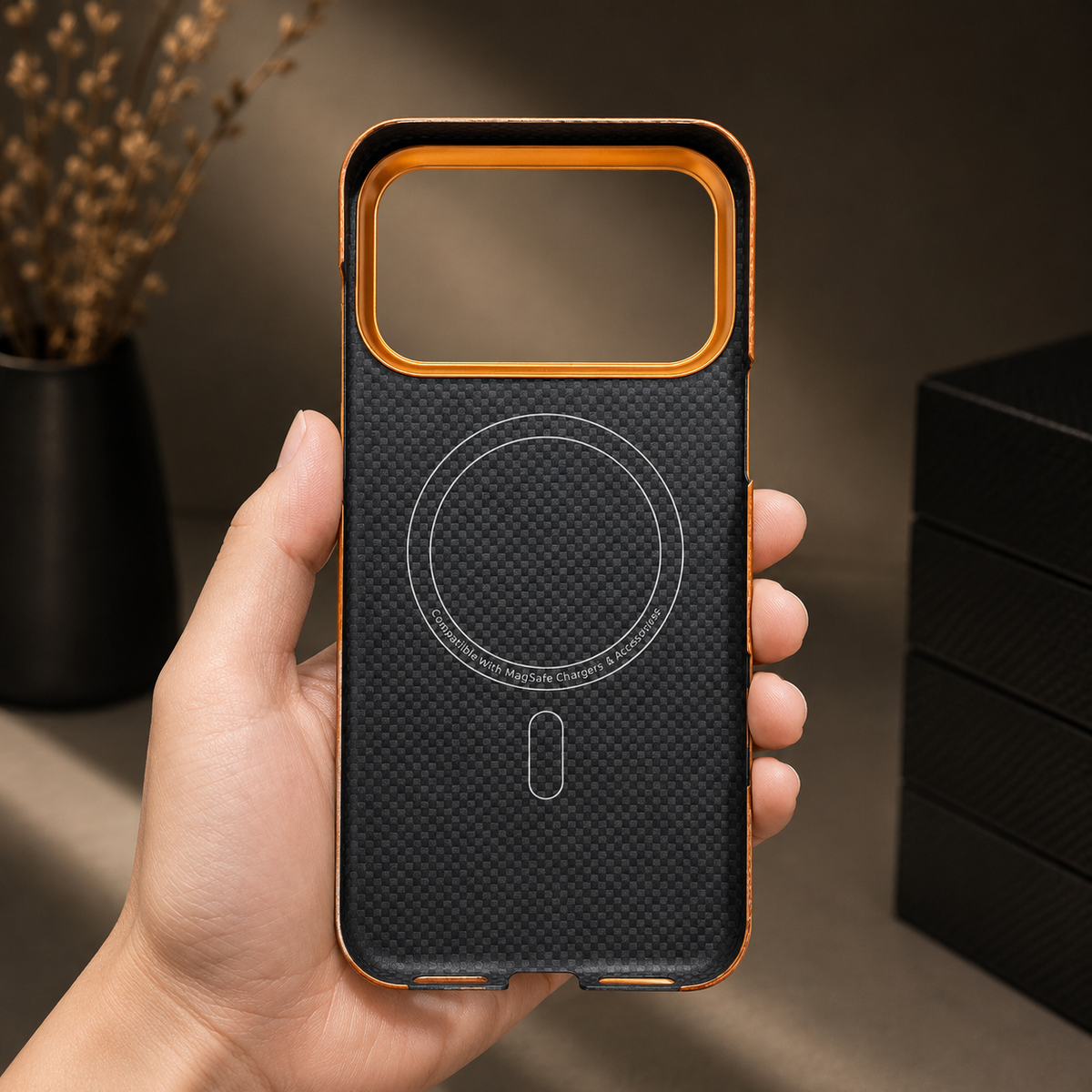 A hand holds the interior of an empty orange case upright. The black woven lining has a circular magnetic marking and short bar beneath the broad gold-rimmed camera opening.
