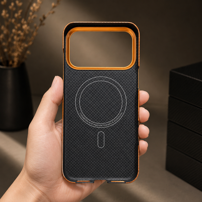 A hand holds the interior of an empty orange case upright. The black woven lining has a circular magnetic marking and short bar beneath the broad gold-rimmed camera opening.