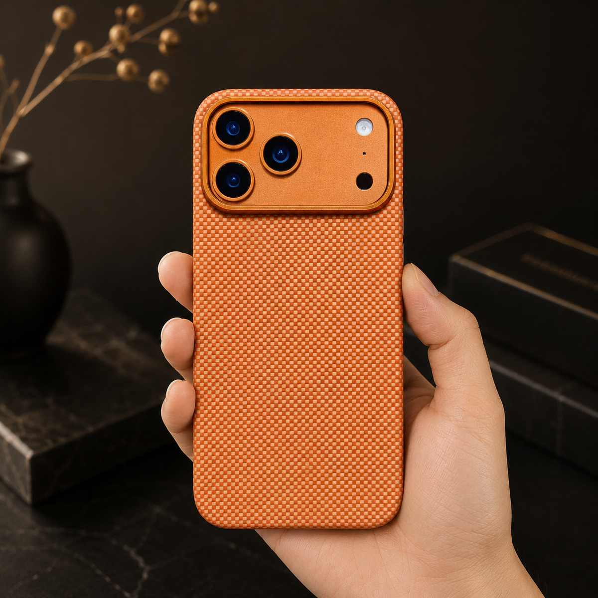 A hand holds an orange woven case upright in a softly lit room near a dark vase and stacked boxes. Its broad camera panel and gold-colored border face forward.