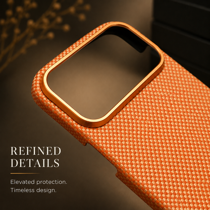 Extreme close-up of an empty orange woven case highlights its large gold-rimmed camera opening and interlaced orange-white texture. Text reads Refined Details.