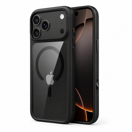 Black-edged clear case shown from the front and back. A broken circular magnetic ring and short alignment bar surround the visible phone logo beneath a broad raised camera opening.