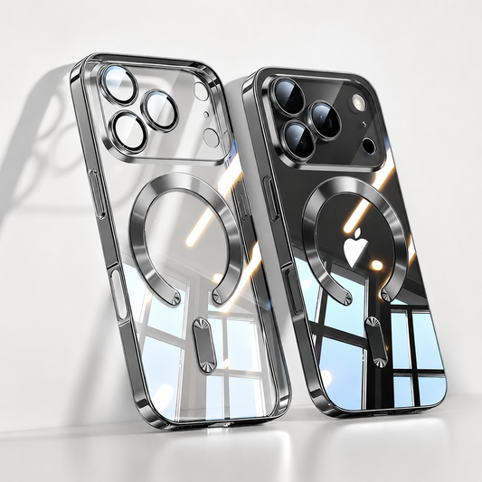 Dark silver-trimmed clear case beside a matching case fitted to a dark phone, with window reflections across the glossy backs and circular camera rims.