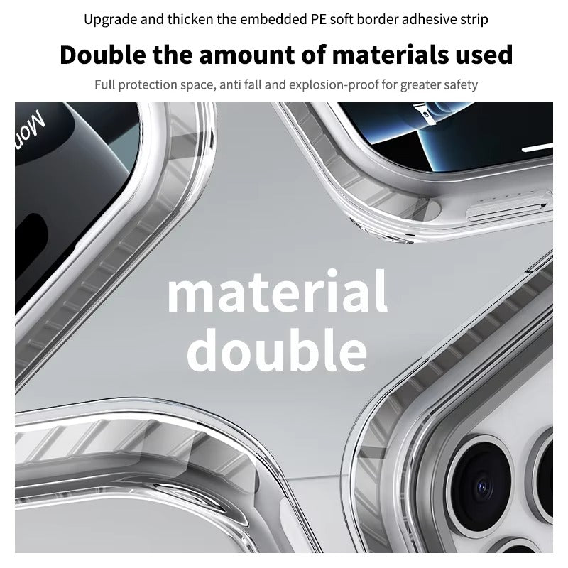 Close-up collage of transparent case corners and segmented borders. Text advertises a thicker embedded border and increased protective material.
