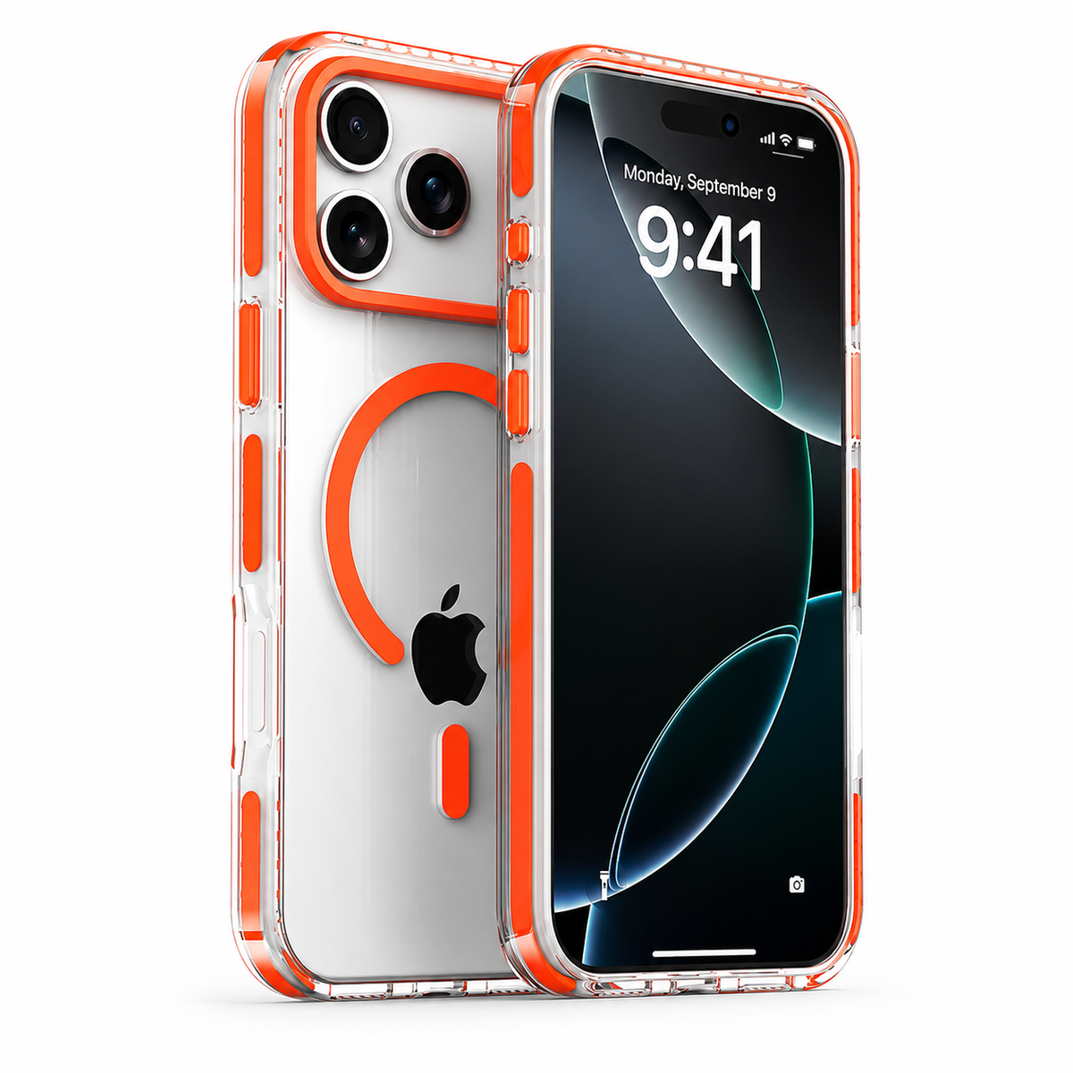 Front and rear views of a phone in a clear case with orange side buttons, camera rim and horseshoe-shaped ring on the back.