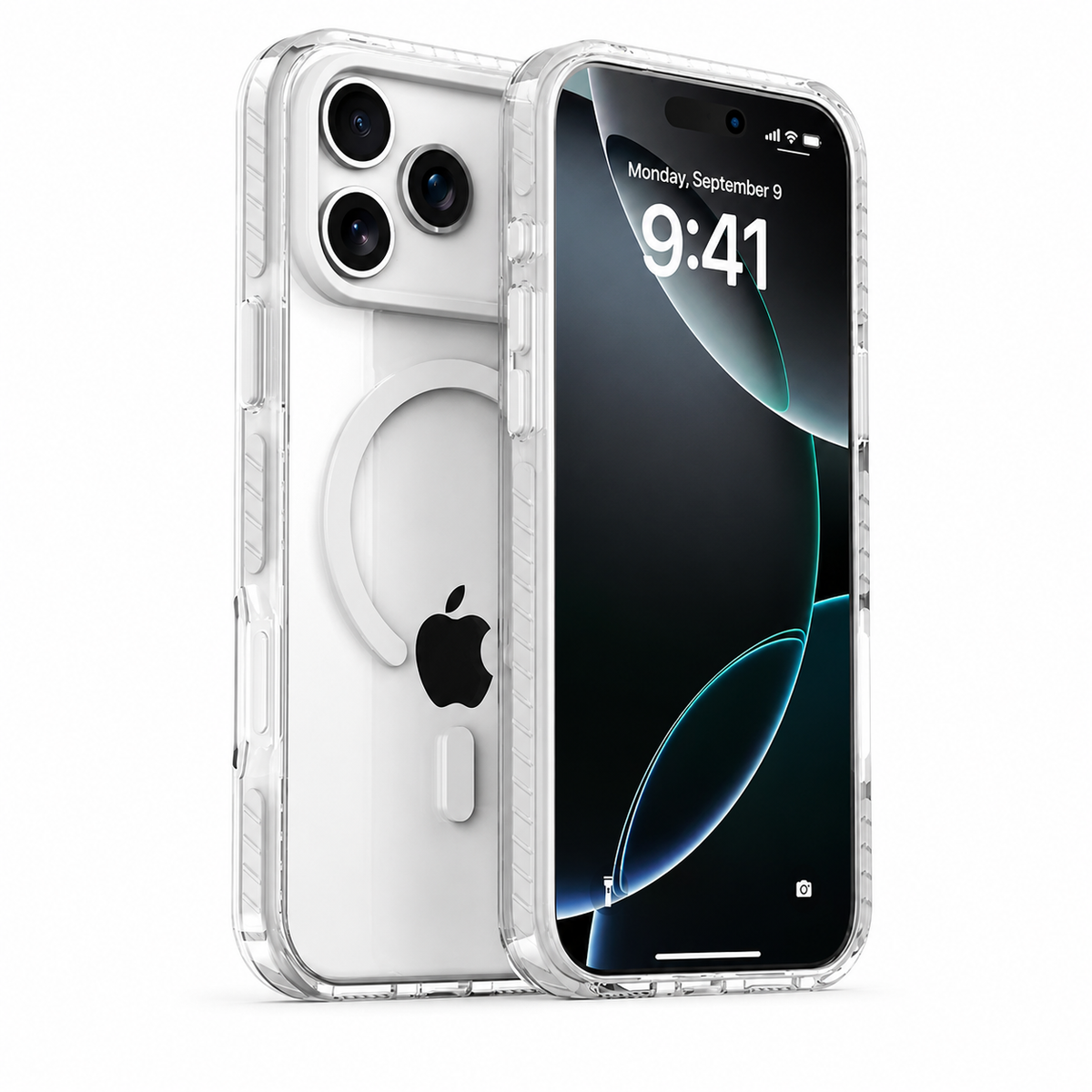 Front and rear views of a clear phone case with white accents, including the camera rim and open circular ring with a short bar below.