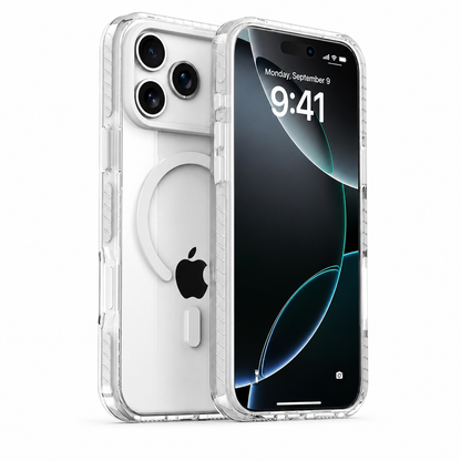 Front and rear views of a clear phone case with white accents, including the camera rim and open circular ring with a short bar below.