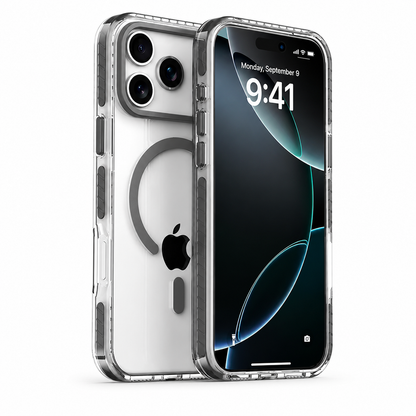 Front and rear views of a phone in a clear case with gray camera trim, side buttons and horseshoe-shaped ring on the back.