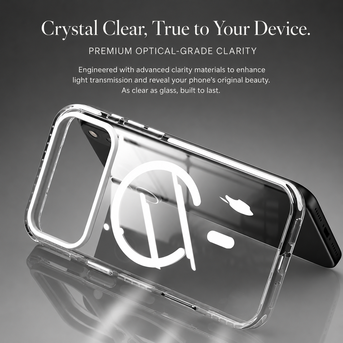 Empty clear phone case leaning against a dark phone on a reflective surface, with a white back ring. Text advertises optical clarity.