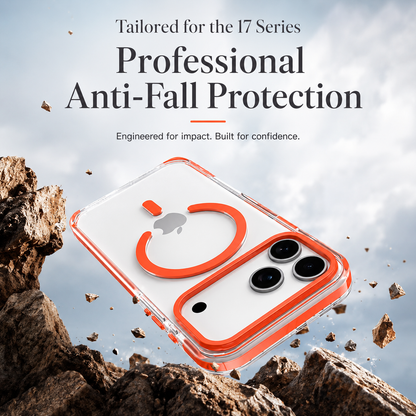 Orange-trimmed clear phone case illustrated falling among rocks and flying debris. Text advertises protection for the iPhone 17 series.