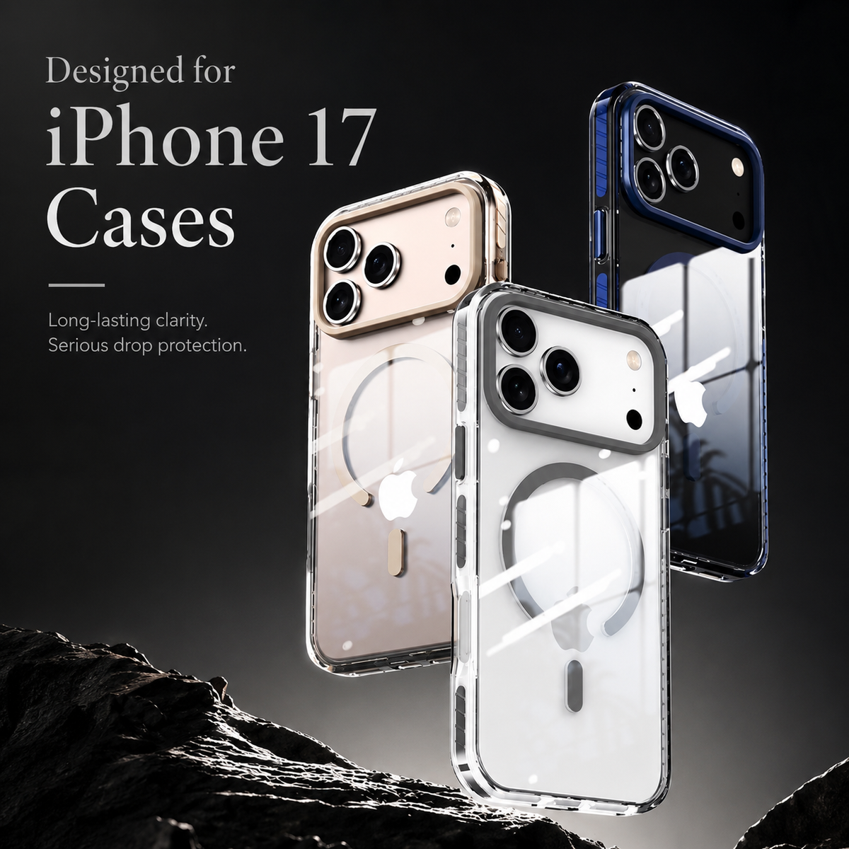 Three clear phone cases with pale gold, gray and blue trim displayed above dark rocks, each with camera openings and a back ring.