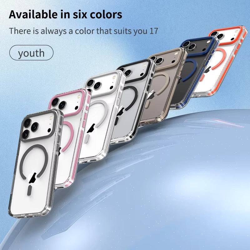 Diagonal lineup of clear phone cases with varied colored borders and back rings against blue. Text advertises six colors.