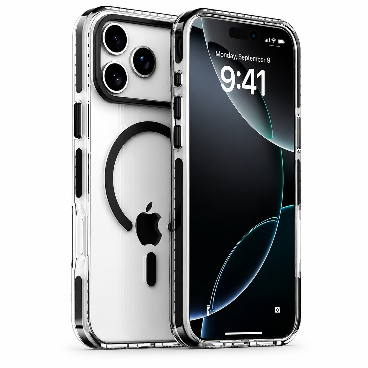 Front and rear views of a phone in a clear case with black accents, a segmented border, camera rim and black horseshoe-shaped back ring.