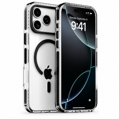 Front and rear views of a phone in a clear case with black accents, a segmented border, camera rim and black horseshoe-shaped back ring.