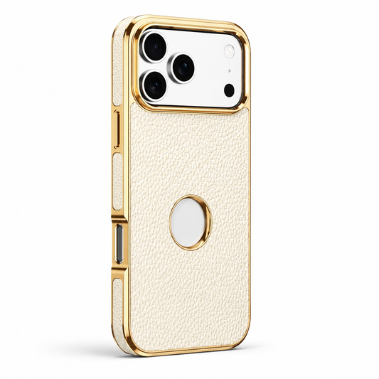 A cream pebbled-texture case stands on white, with gold-colored edges and a small circular opening below the camera panel.
