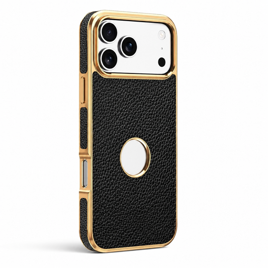 A black pebbled-texture case stands at an angle on white, with gold-colored edges, a broad camera opening and a small circular opening at the center of its back.