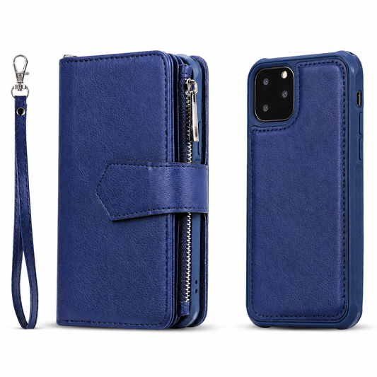 A blue zippered wallet phone cover stands beside its separate matching phone shell on white. A pointed closure tab crosses the cover, a silver zipper runs along its edge and a matching wrist strap hangs from a metal clip. Stitching outlines both pieces; the shell has a rounded square camera opening.