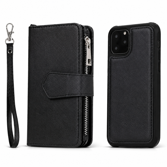 A black zippered wallet phone cover stands beside its separate matching phone shell on white. A pointed closure tab crosses the cover, a silver zipper runs along its edge and a matching wrist strap hangs from a metal clip. Stitching outlines both pieces; the shell has a rounded square camera opening.