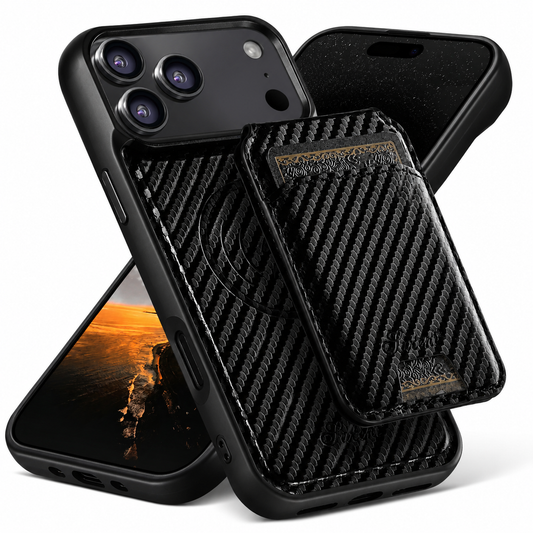 Front and rear views show a black diagonal carbon-weave-style case with a matching rectangular card holder attached to its back. A card's patterned edge peeks from the pouch.