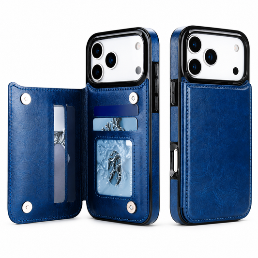 Blue phone case with a stitched rear wallet flap shown open and closed, revealing card slots and a clear window beneath the camera opening.
